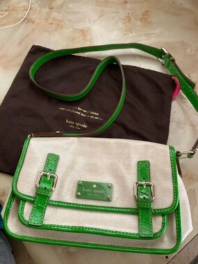 kate spade Cream Canvas Crossbody with Green Patent Trim